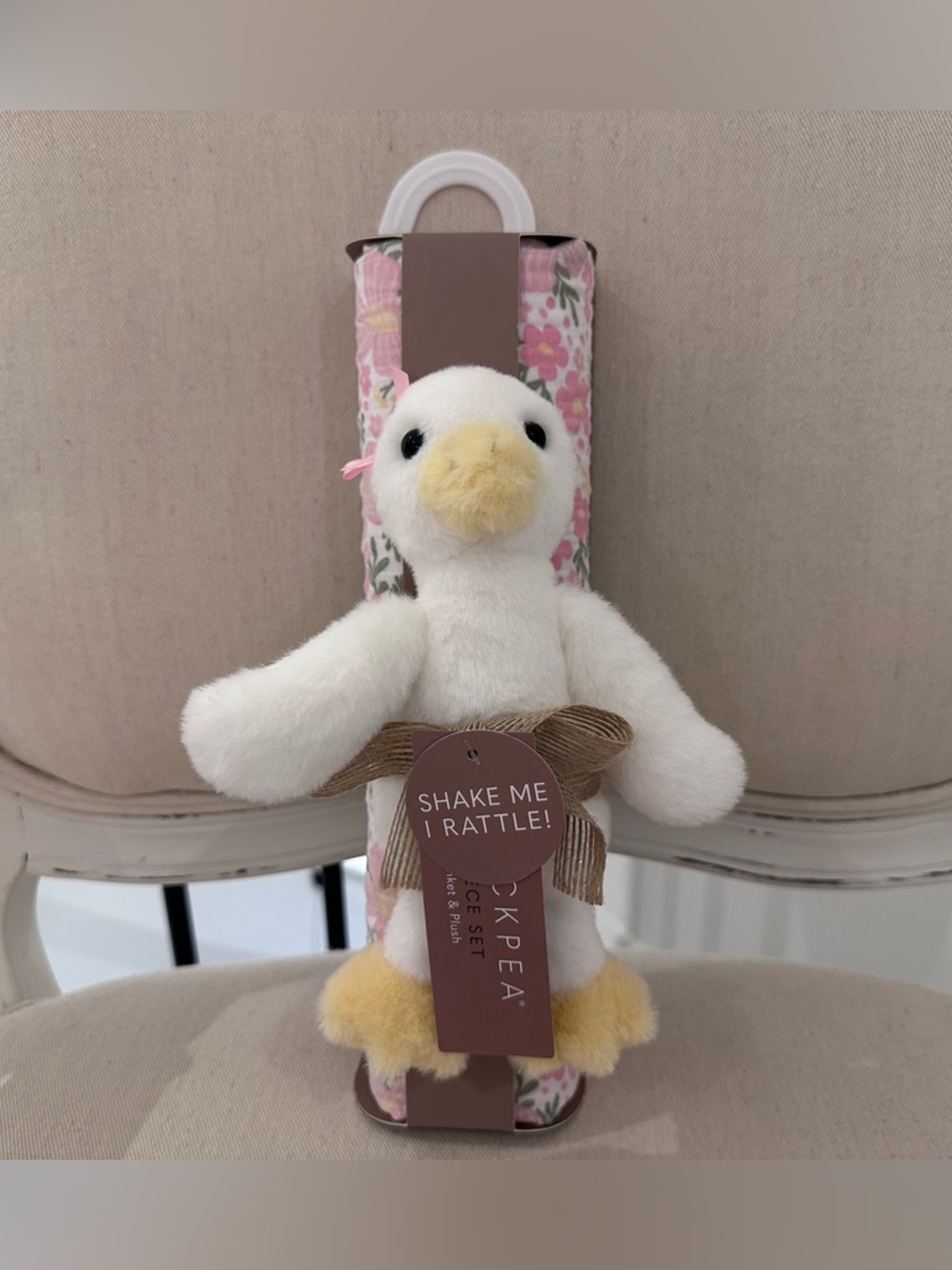 Plush Duck Rattle with Pink Floral 100% Cotton Muslin Baby Blanket NWT